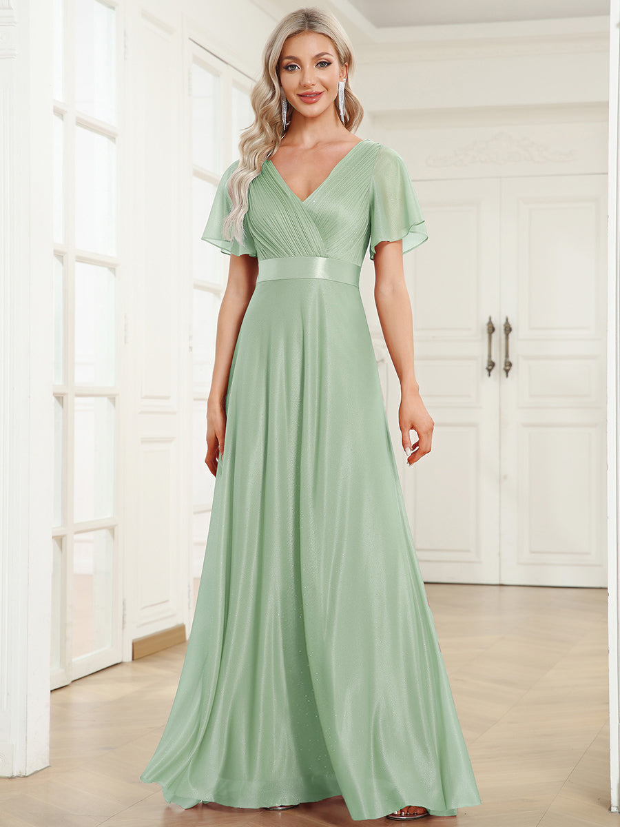 Robe de soirée longue scintillante à col en V et à manches flottantes #Couleur_Menthe Verte