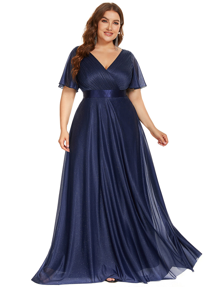 Robe de soirée longue scintillante à col en V et à manches flottantes #Couleur_Bleu Marine