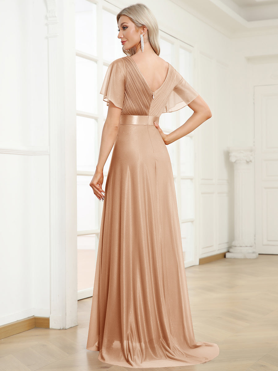 Robe de soirée longue scintillante à col en V et à manches flottantes #Couleur_Or Rose