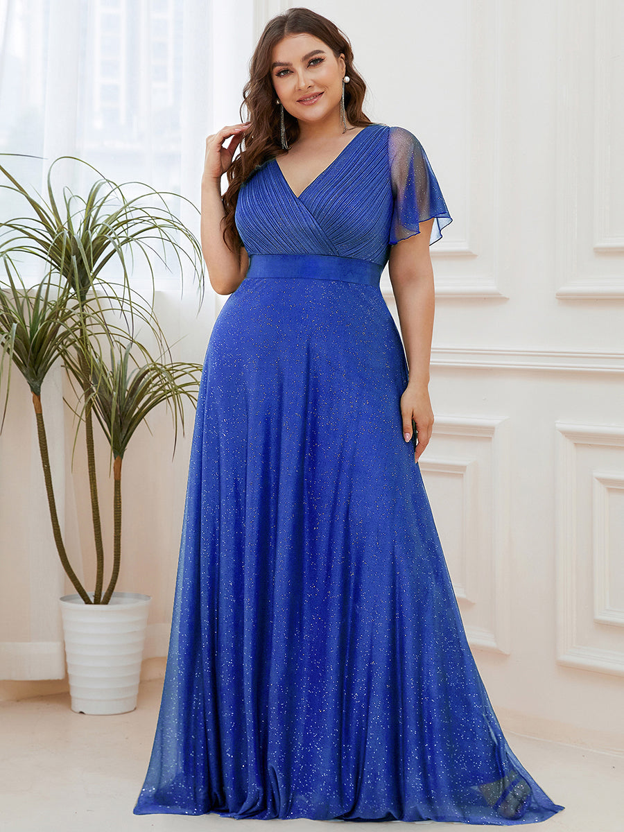 Robe de soirée longue scintillante à col en V et à manches flottantes #Couleur_Bleu Saphir