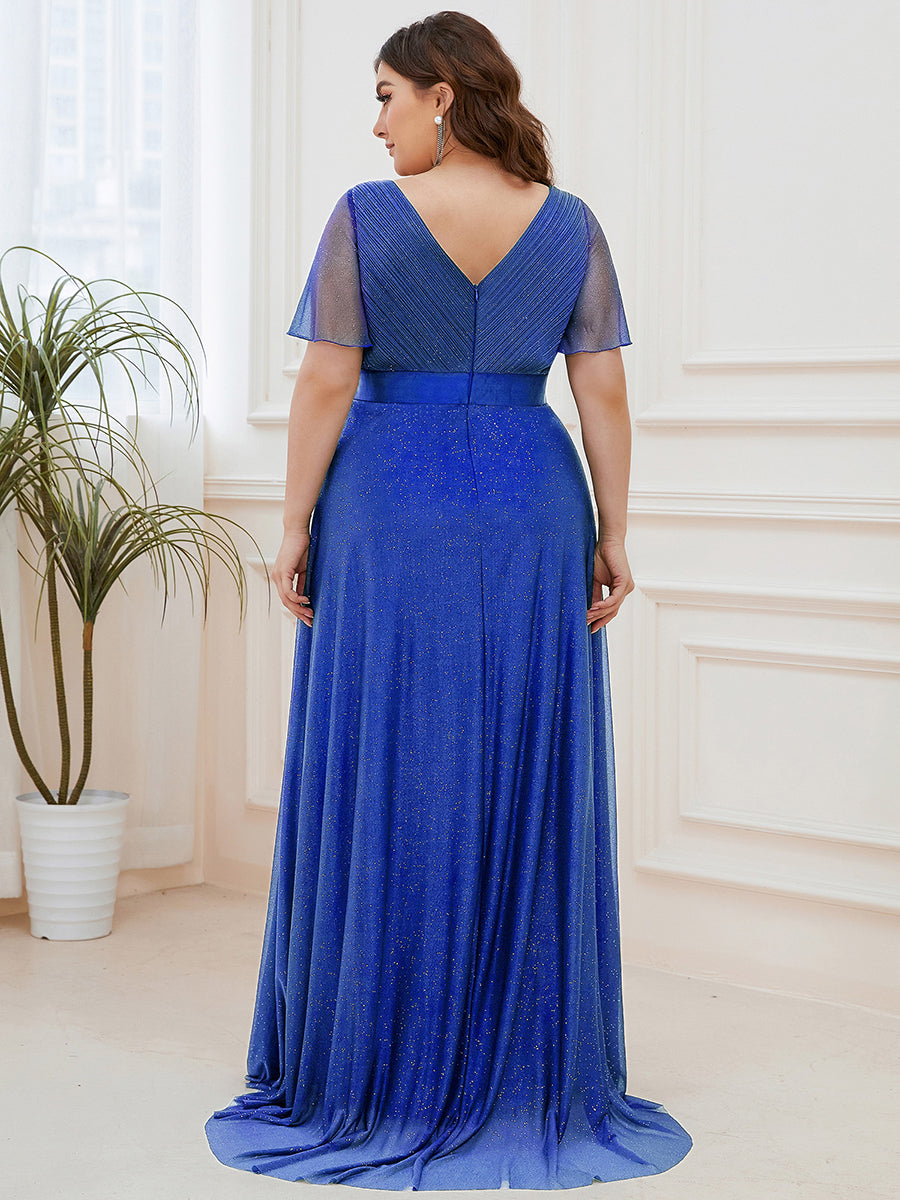 Robe de soirée longue scintillante à col en V et à manches flottantes #Couleur_Bleu Saphir