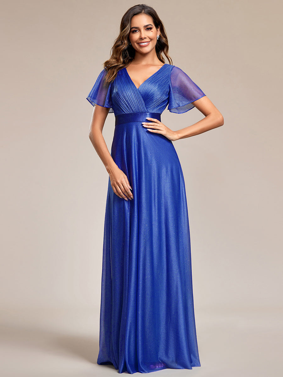 Robe de soirée longue scintillante à col en V et à manches flottantes #Couleur_Bleu Saphir