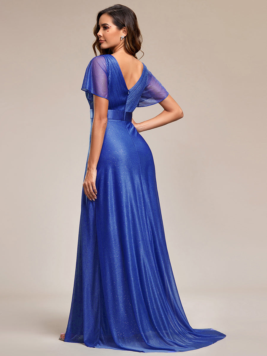 Robe de soirée longue scintillante à col en V et à manches flottantes #Couleur_Bleu Saphir