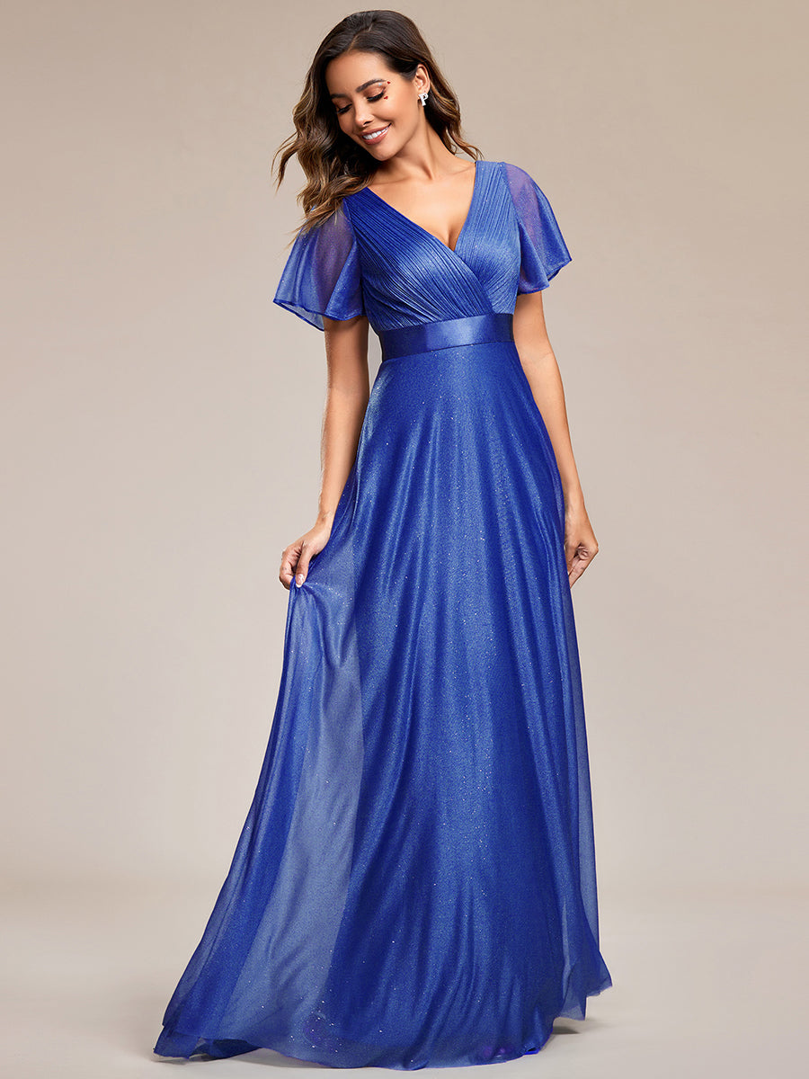 Robe de soirée longue scintillante à col en V et à manches flottantes #Couleur_Bleu Saphir