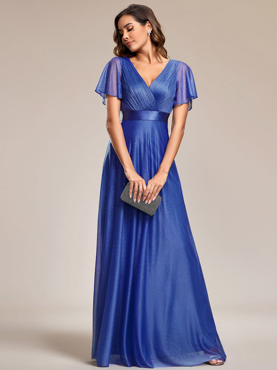 Robe de soirée longue scintillante à col en V et à manches flottantes #Couleur_Bleu Saphir
