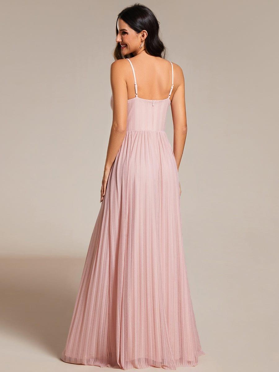 Robe de soirée plissée scintillante à bretelles spaghetti et taille empire #Couleur_Rose