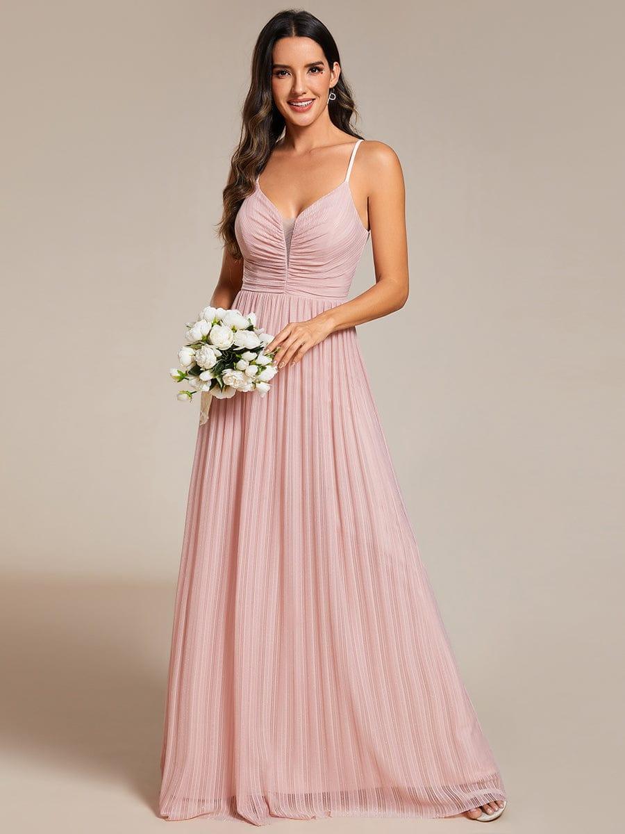 Robe de soirée plissée scintillante à bretelles spaghetti et taille empire #Couleur_Rose