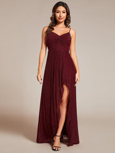 Robe de soirée formelle élégante sans manches à col en V et fente haute avec plissage