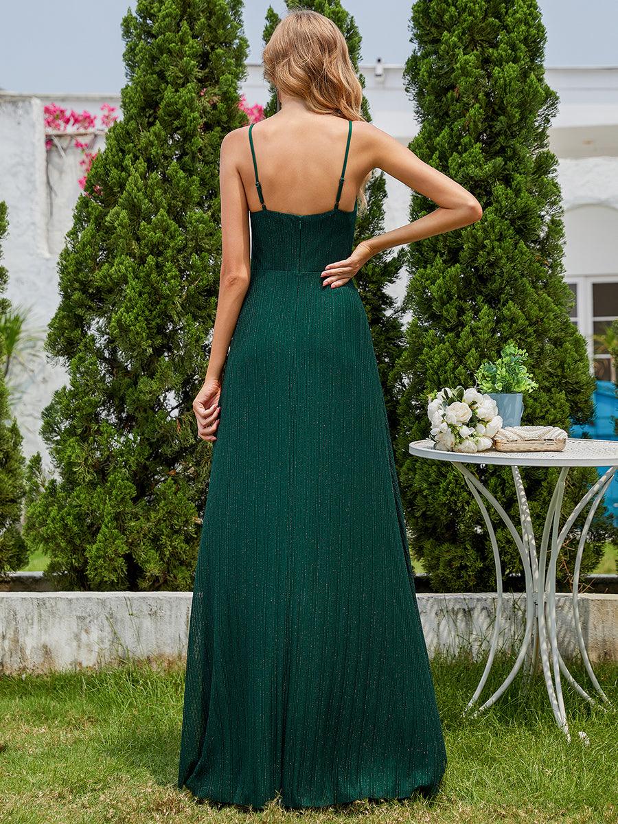 Robe de soirée formelle élégante sans manches à col en V et fente haute avec plissage #Couleur_Vert Fonce