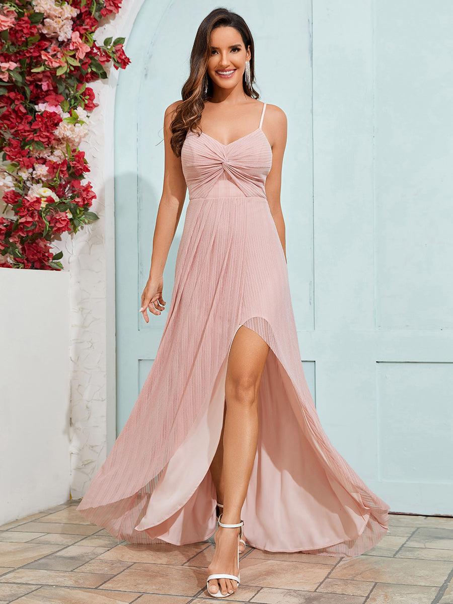 Robe de soirée formelle élégante sans manches à col en V et fente haute avec plissage #Couleur_Rose