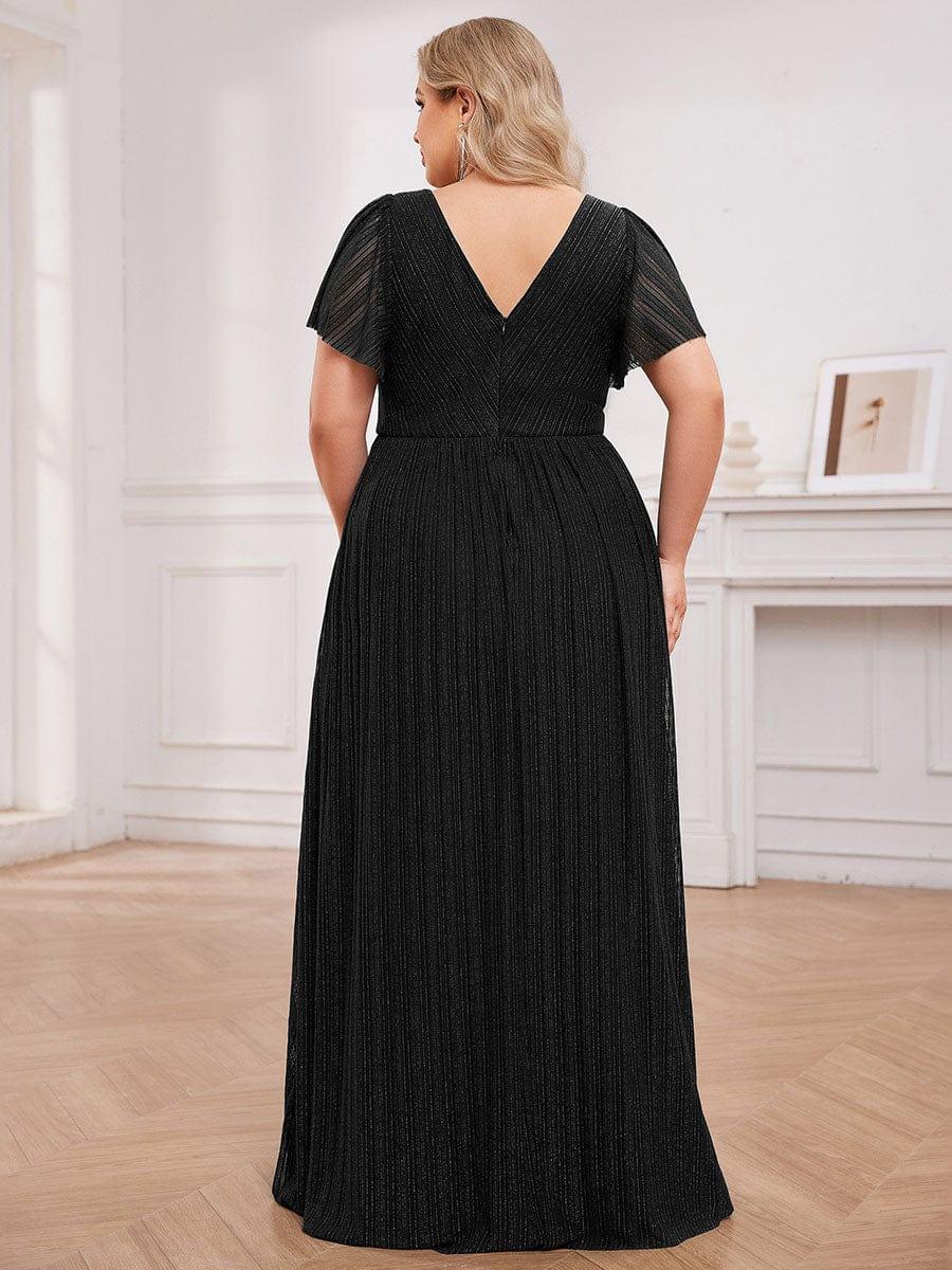 Robe de soirée transparente scintillante col en V taille empire manches courtes #Couleur_Noir