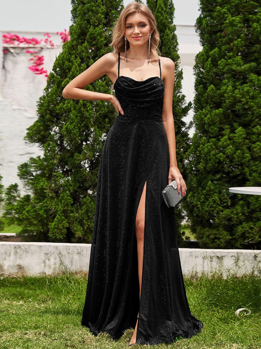 Robe de soirée sans manches à sequins et col bénitier à fente haute #Couleur_Noir