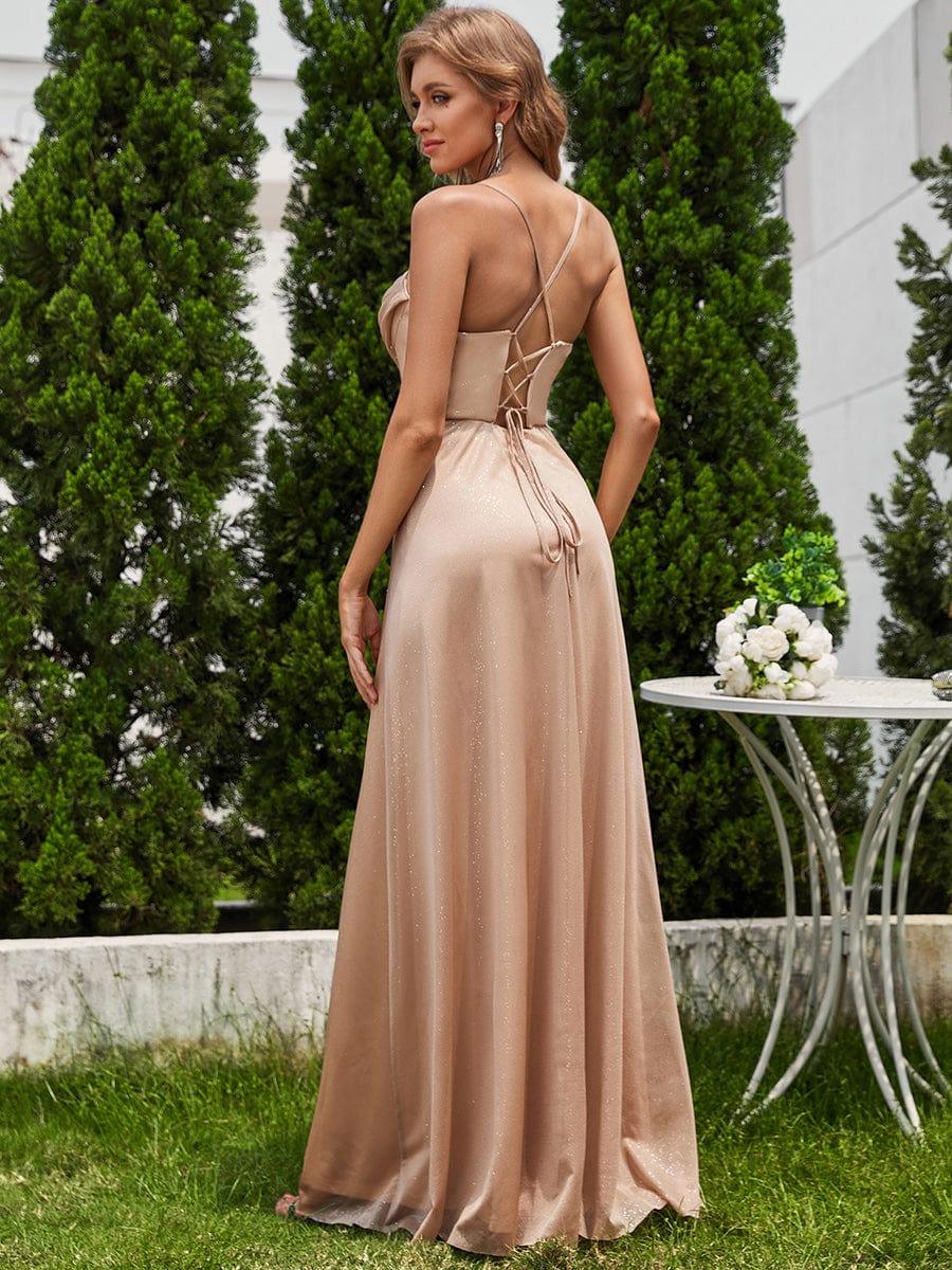 Robe de soirée sans manches à sequins et col bénitier à fente haute #Couleur_Or Rose