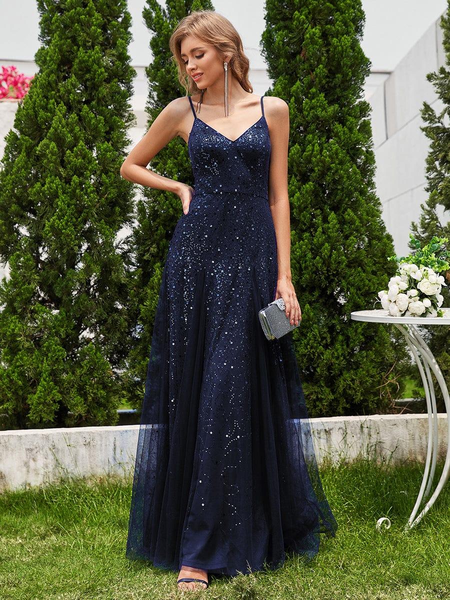 Robe de soirée sans manches en tulle à col en V et à paillettes avec taille empire #Couleur_Bleu Marine