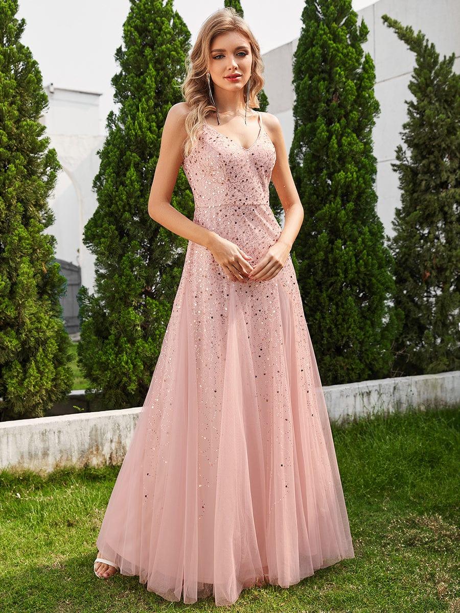 Robe de soirée sans manches en tulle à col en V et à paillettes avec taille empire #Couleur_Rose