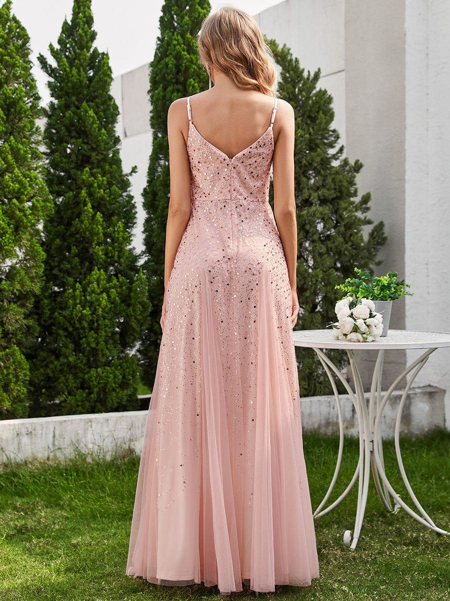 Robe de soirée sans manches en tulle à col en V et à paillettes avec taille empire #Couleur_Rose