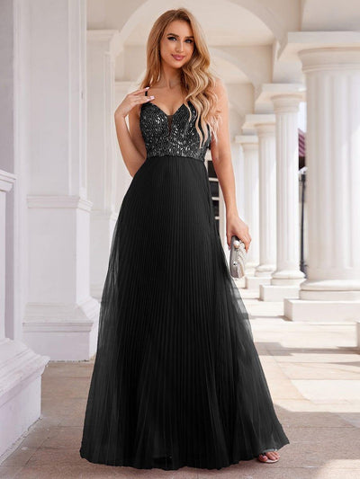 Robe de soirée en tulle à paillettes col en V sans manches dos nu taille haute(Vente finale)