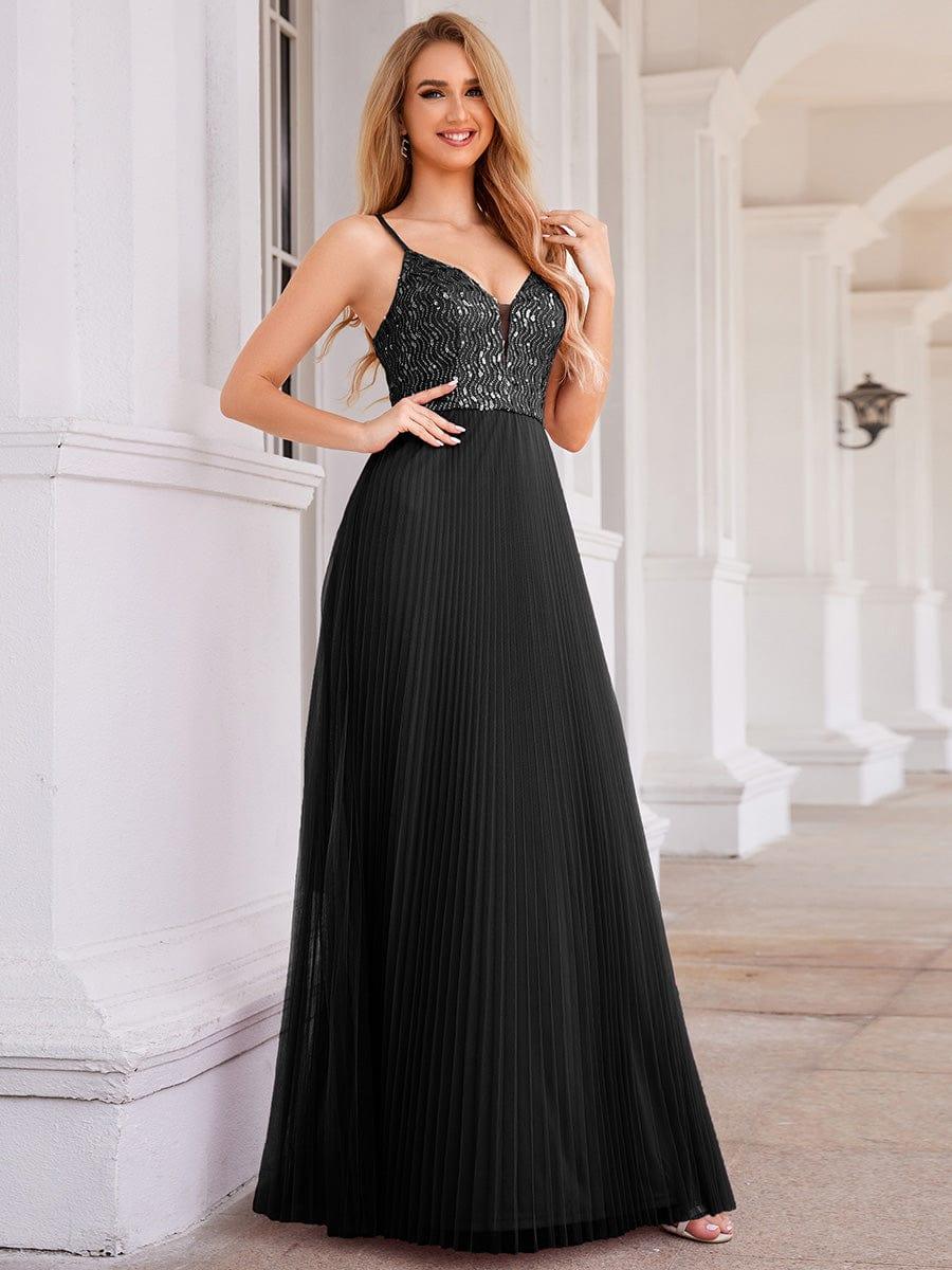 Robe de soirée en tulle à paillettes col en V sans manches dos nu taille haute #Couleur_Noir