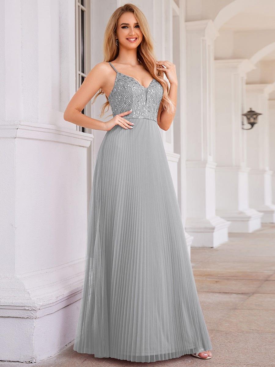 Robe de soirée en tulle à paillettes col en V sans manches dos nu taille haute #Couleur_Gris