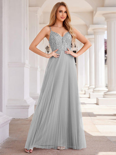 Robe de soirée en tulle à paillettes col en V sans manches dos nu taille haute(Vente finale)