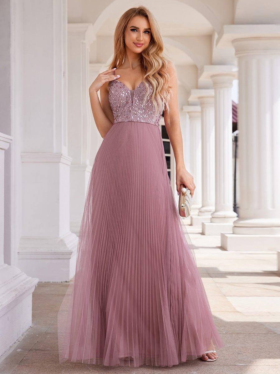 Robe de soirée en tulle à paillettes col en V sans manches dos nu taille haute #Couleur_Orchidee