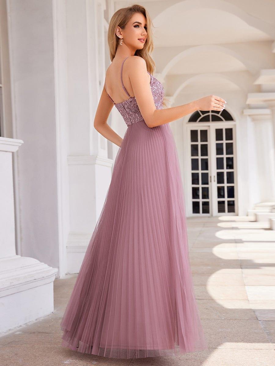 Robe de soirée en tulle à paillettes col en V sans manches dos nu taille haute #Couleur_Orchidee