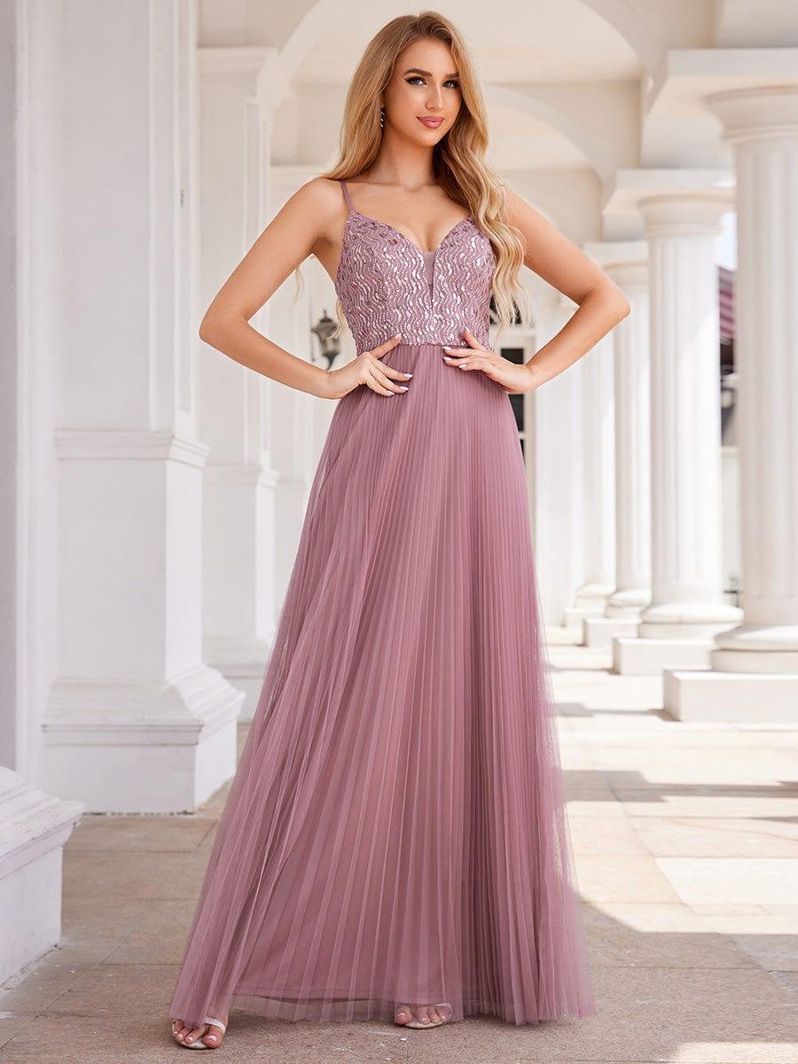 Robe de soirée en tulle à paillettes col en V sans manches dos nu taille haute #Couleur_Orchidee