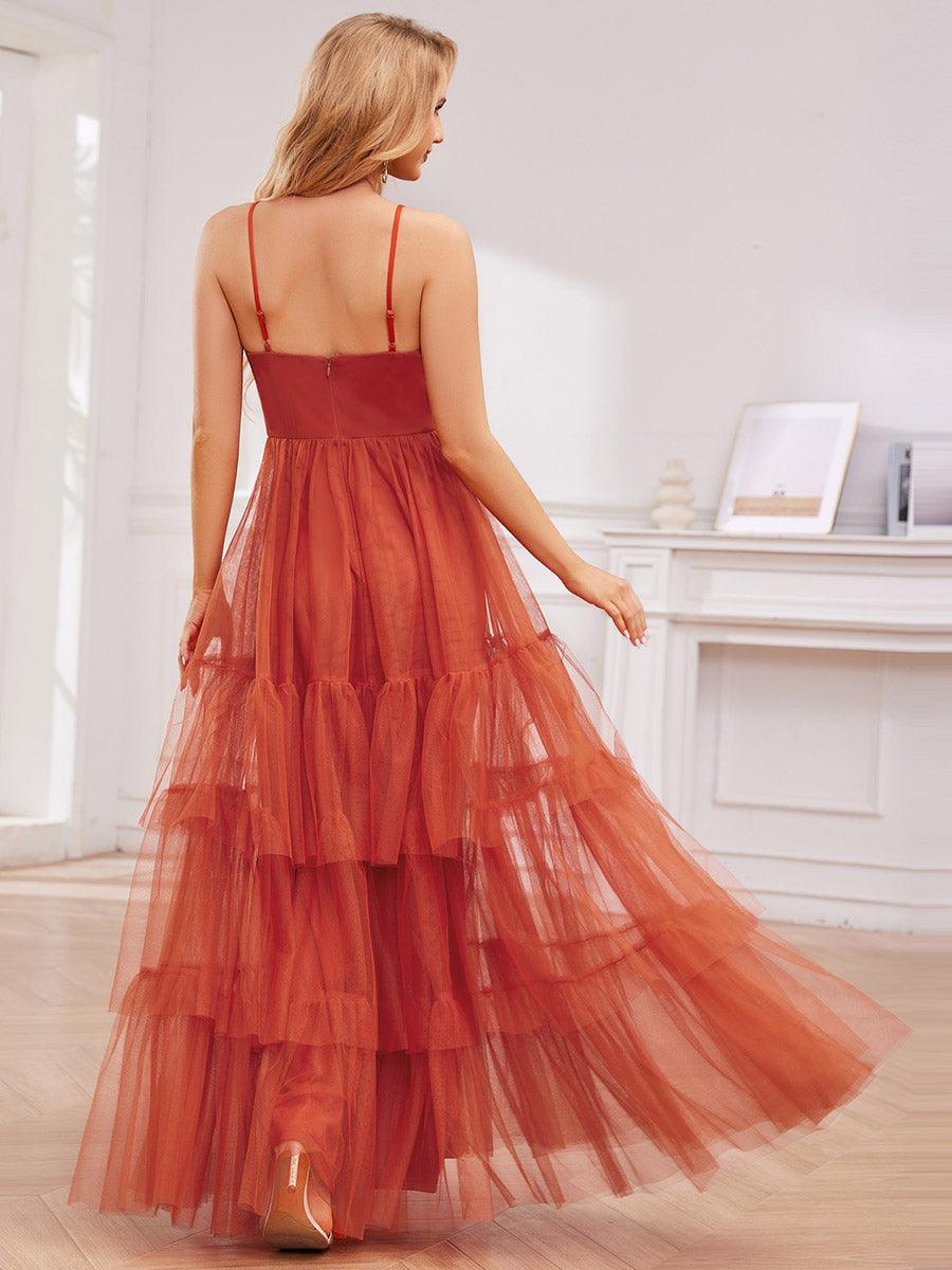 Robe de demoiselle d'honneur à bretelles spaghetti en tulle à plusieurs niveaux #Couleur_Orange Brûlée