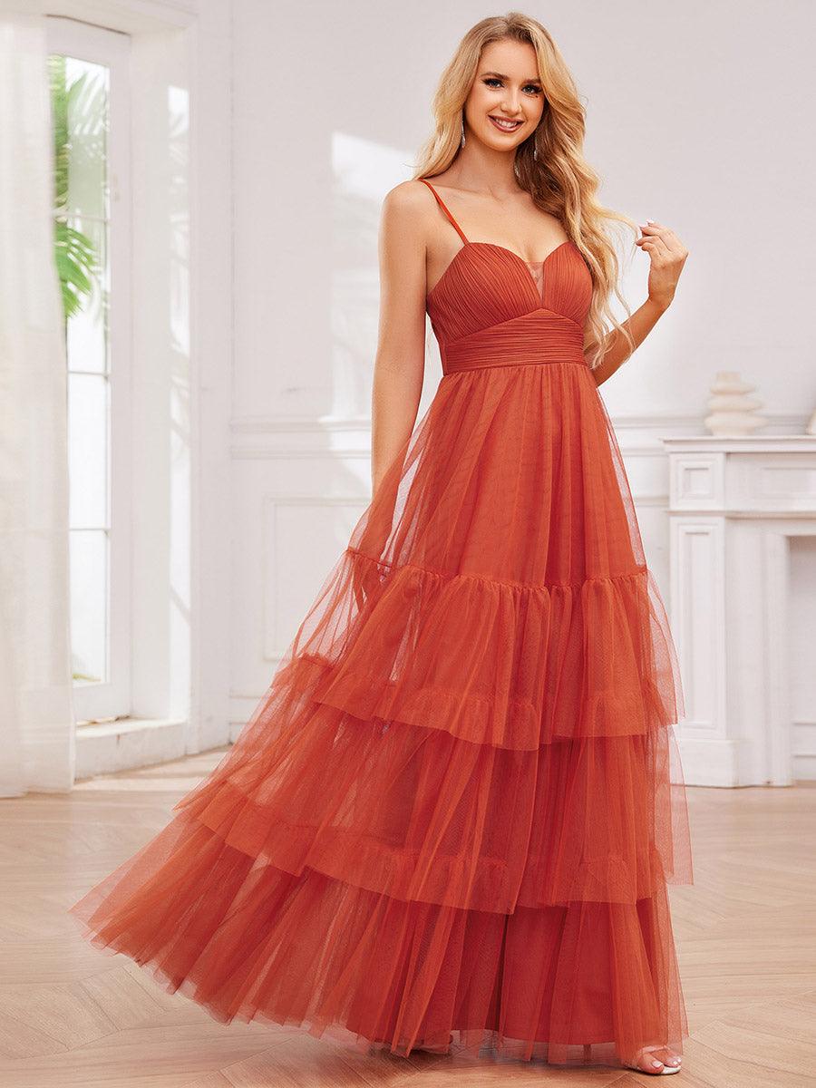 Robe de demoiselle d'honneur à bretelles spaghetti en tulle à plusieurs niveaux #Couleur_Orange Brûlée