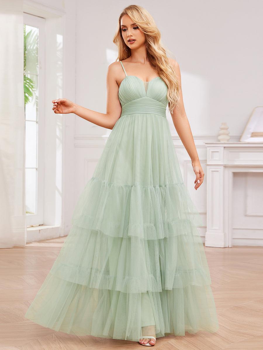 Robe de demoiselle d'honneur à bretelles spaghetti en tulle à plusieurs niveaux #Couleur_Menthe Verte