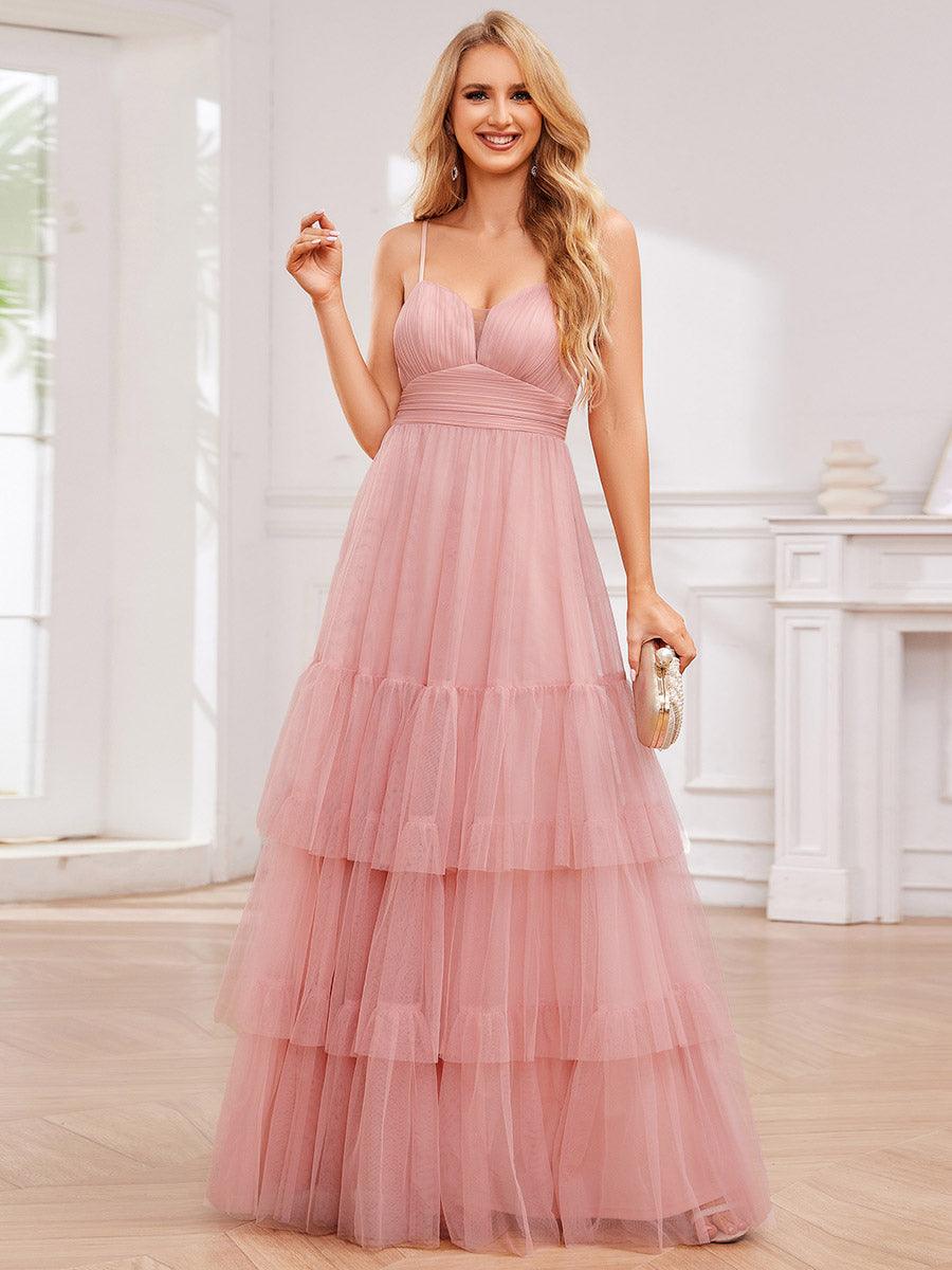Robe de demoiselle d'honneur à bretelles spaghetti en tulle à plusieurs niveaux #Couleur_Rose