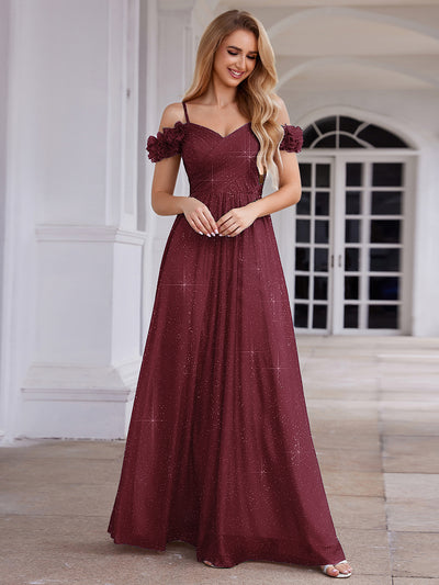 Robe de soirée plissée étincelante à col en V et épaules dénudées avec détails floraux