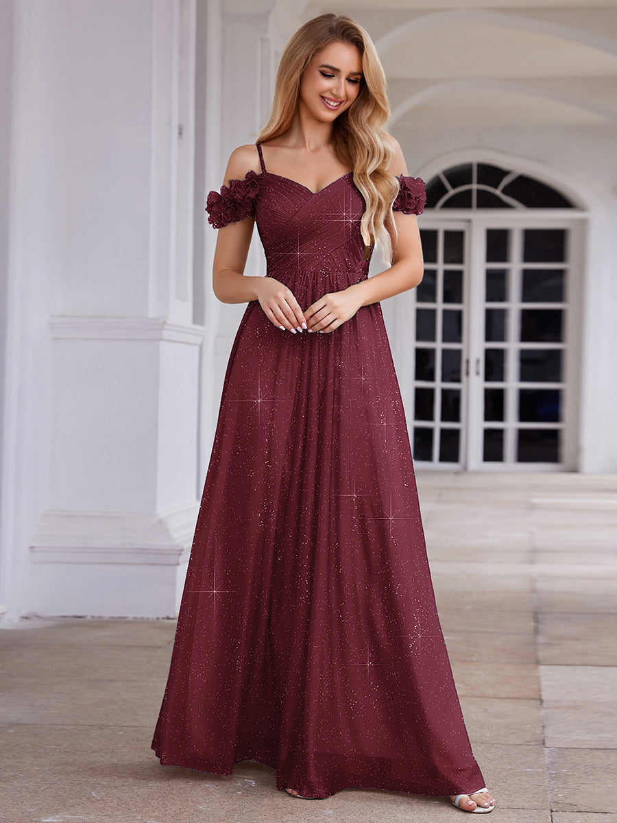 Robe D'invité De Mariage En Mousseline De Soie Mi-Longue Plissée à Manches à Volants Et Col En V #Couleur_Bordeaux