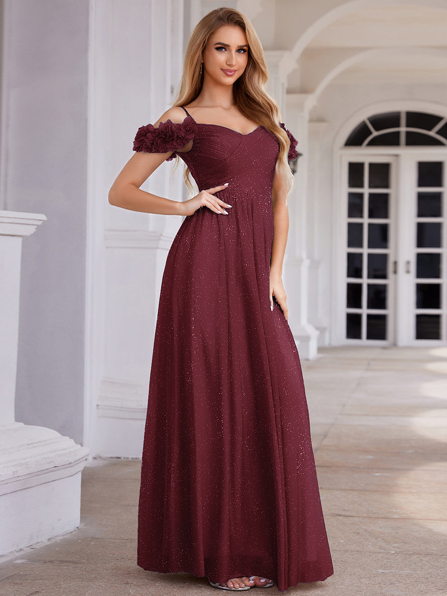 Robe D'invité De Mariage En Mousseline De Soie Mi-Longue Plissée à Manches à Volants Et Col En V #Couleur_Bordeaux