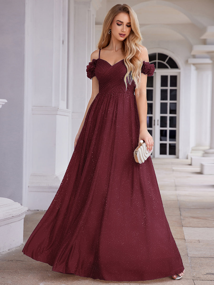 Robe D'invité De Mariage En Mousseline De Soie Mi-Longue Plissée à Manches à Volants Et Col En V #Couleur_Bordeaux
