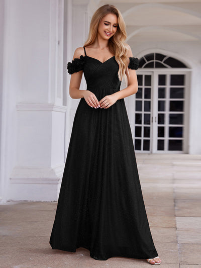 Robe de soirée plissée étincelante à col en V et épaules dénudées avec détails floraux
