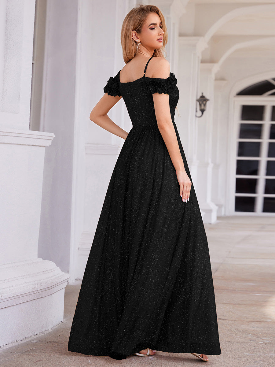 Robe D'invité De Mariage En Mousseline De Soie Mi-Longue Plissée à Manches à Volants Et Col En V  #Couleur_Noir