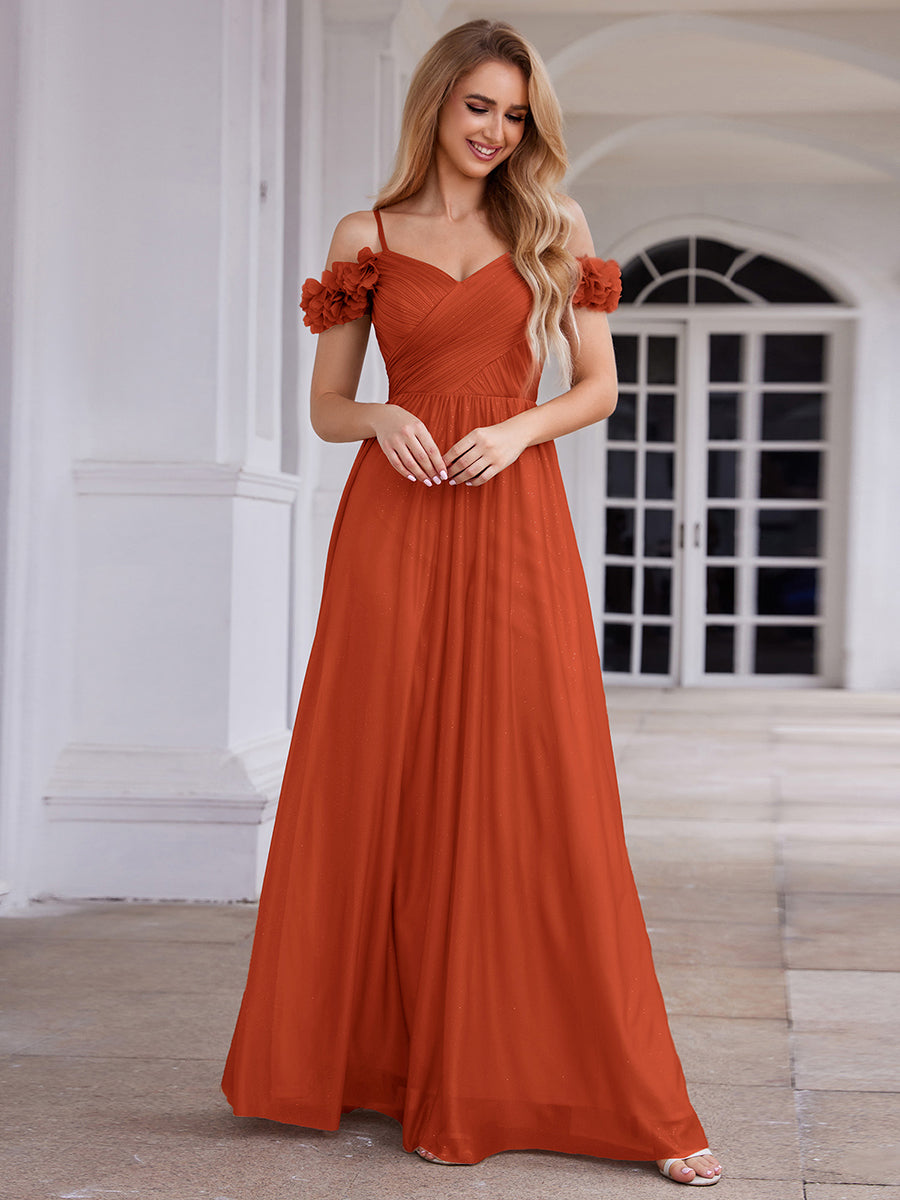 Robe de soirée plissée étincelante à col en V et épaules dénudées avec détails floraux #Couleur_Burnt Orange