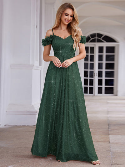 Robe de soirée plissée étincelante à col en V et épaules dénudées avec détails floraux