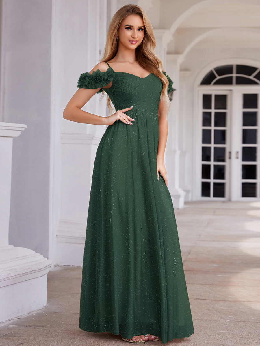 Robe D'invité De Mariage En Mousseline De Soie Mi-Longue Plissée à Manches à Volants Et Col En V #Couleur_Vert Fonce