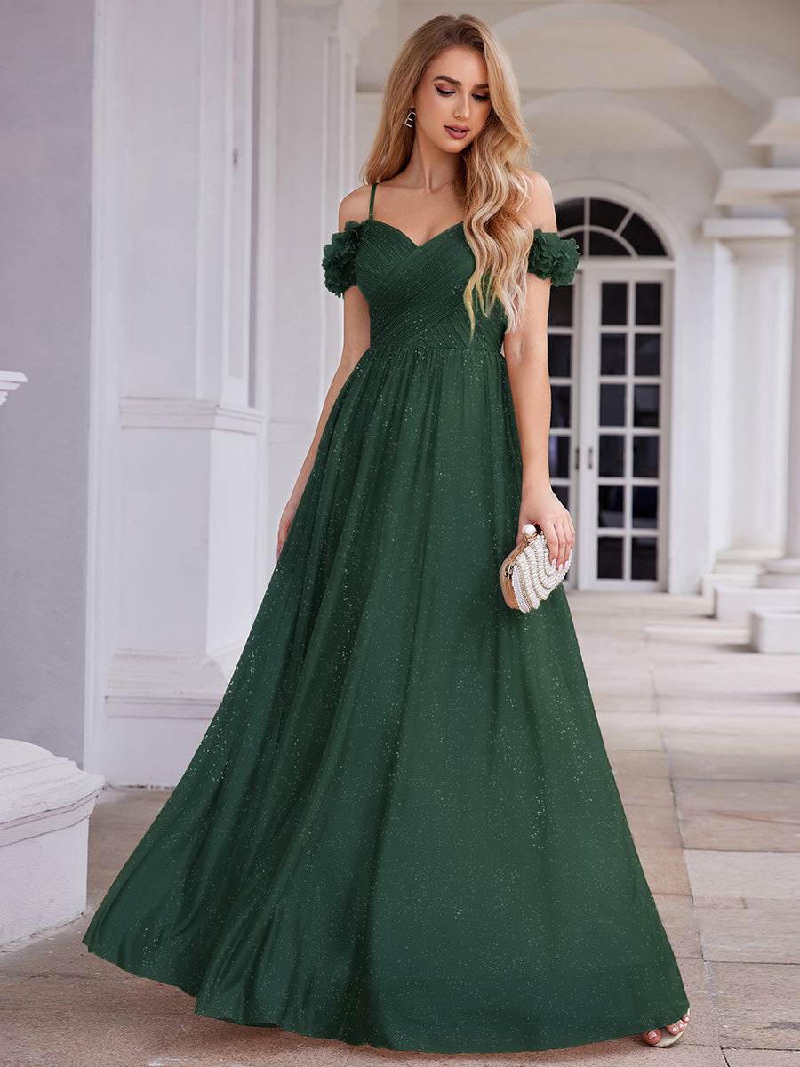 Robe D'invité De Mariage En Mousseline De Soie Mi-Longue Plissée à Manches à Volants Et Col En V #Couleur_Vert Fonce