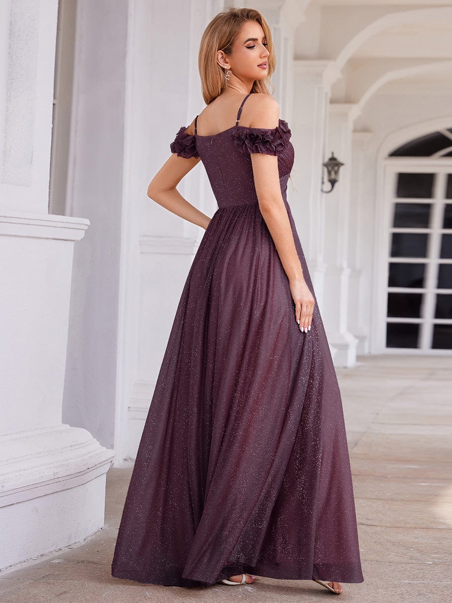 Robe D'invité De Mariage En Mousseline De Soie Mi-Longue Plissée à Manches à Volants Et Col En V #Couleur_Violet Fonce