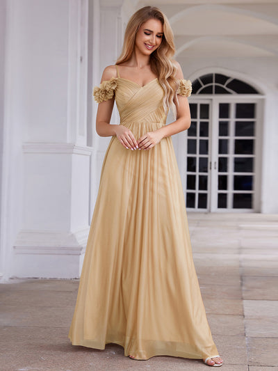 Robe de soirée plissée étincelante à col en V et épaules dénudées avec détails floraux