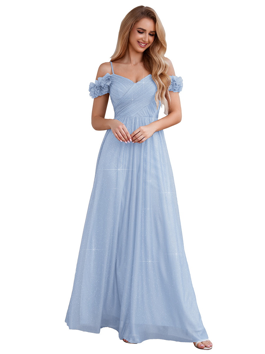 robe-de-soiree-plissee-etincelante-a-col-en-v-et-epaules-denudees-avec-details-floraux-ees0053 - Bleu Glace - R6