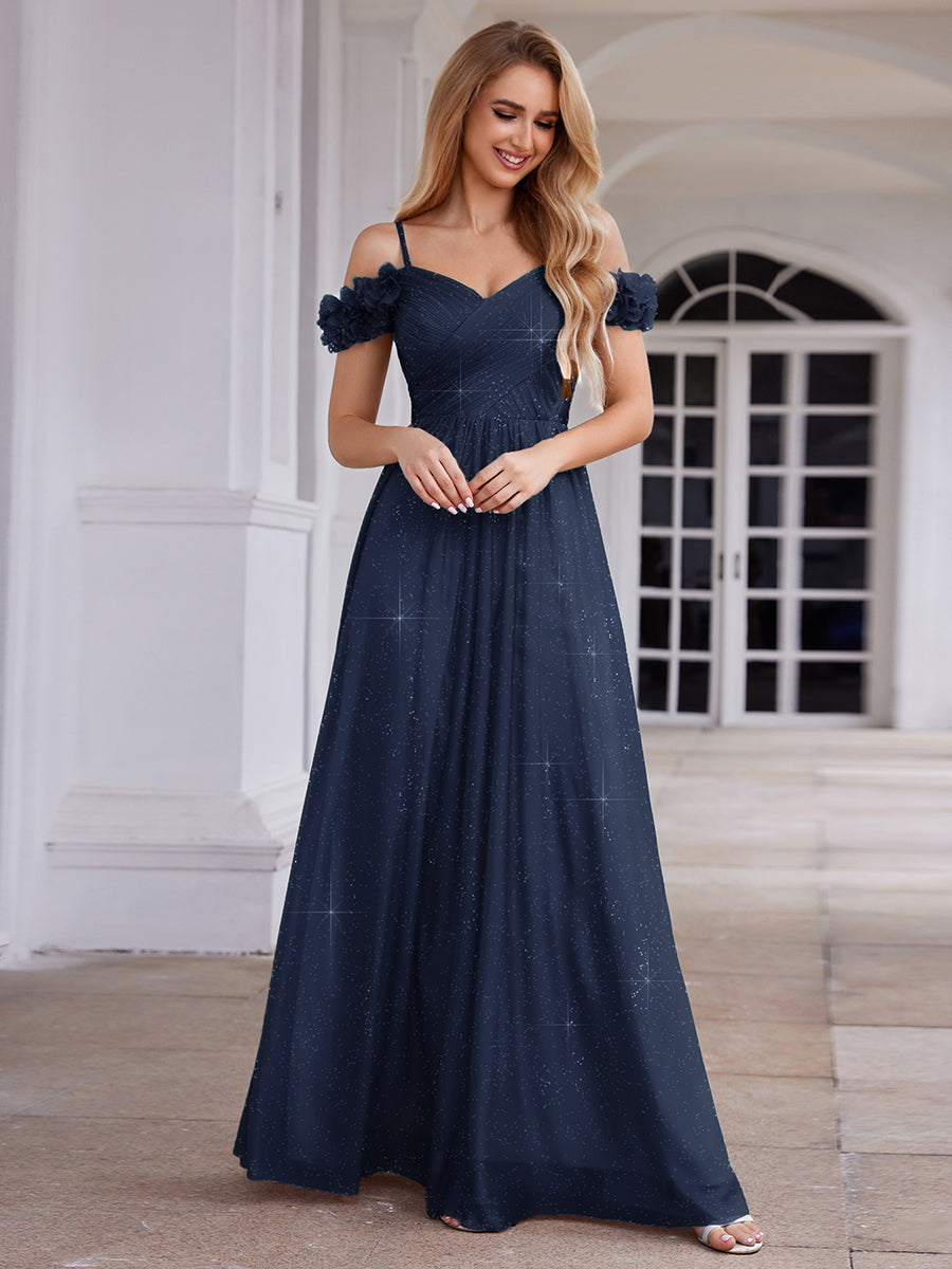 Robe D'invité De Mariage En Mousseline De Soie Mi-Longue Plissée à Manches à Volants Et Col En V #Couleur_Bleu Marine