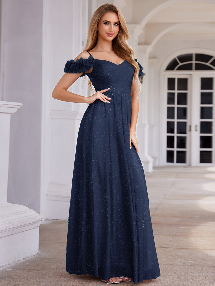 Robe D'invité De Mariage En Mousseline De Soie Mi-Longue Plissée à Manches à Volants Et Col En V #Couleur_Bleu Marine