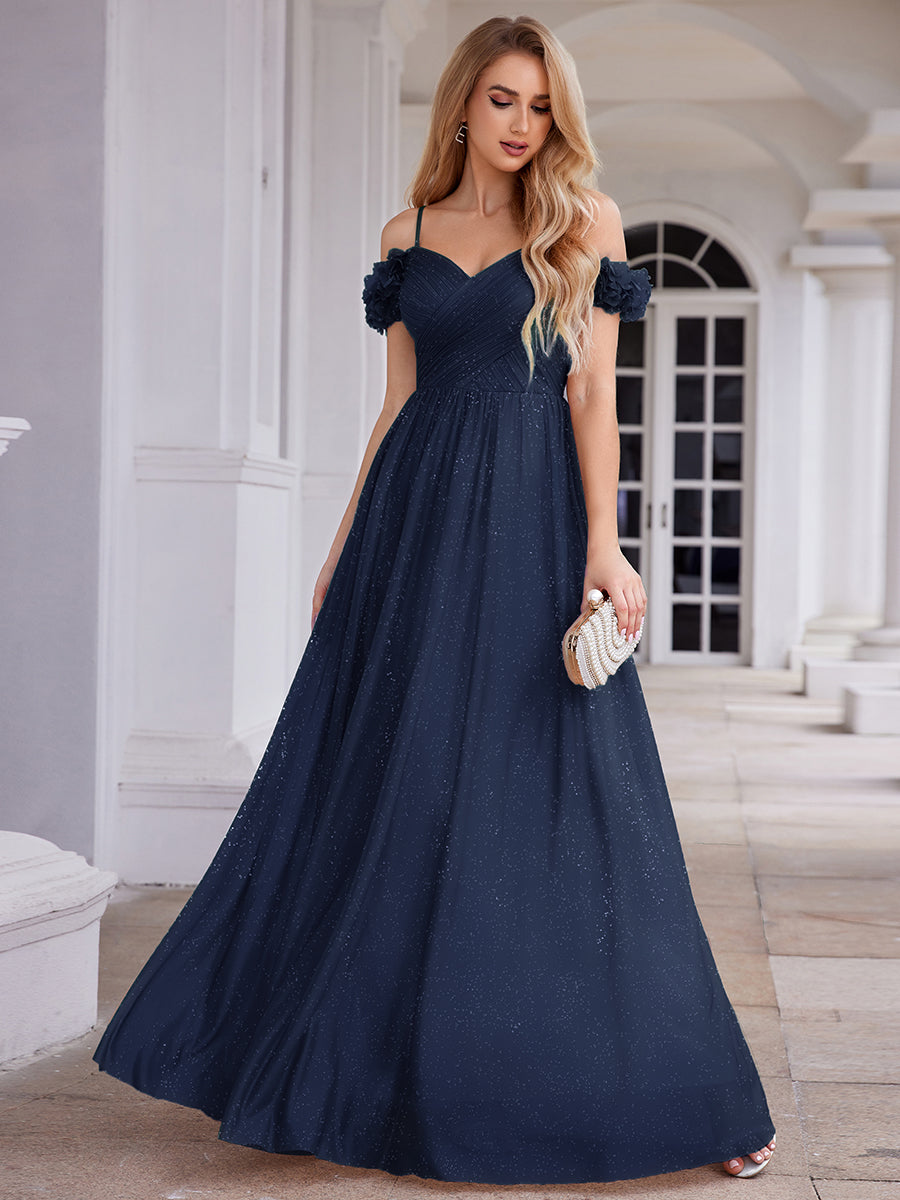 Robe D'invité De Mariage En Mousseline De Soie Mi-Longue Plissée à Manches à Volants Et Col En V #Couleur_Bleu Marine