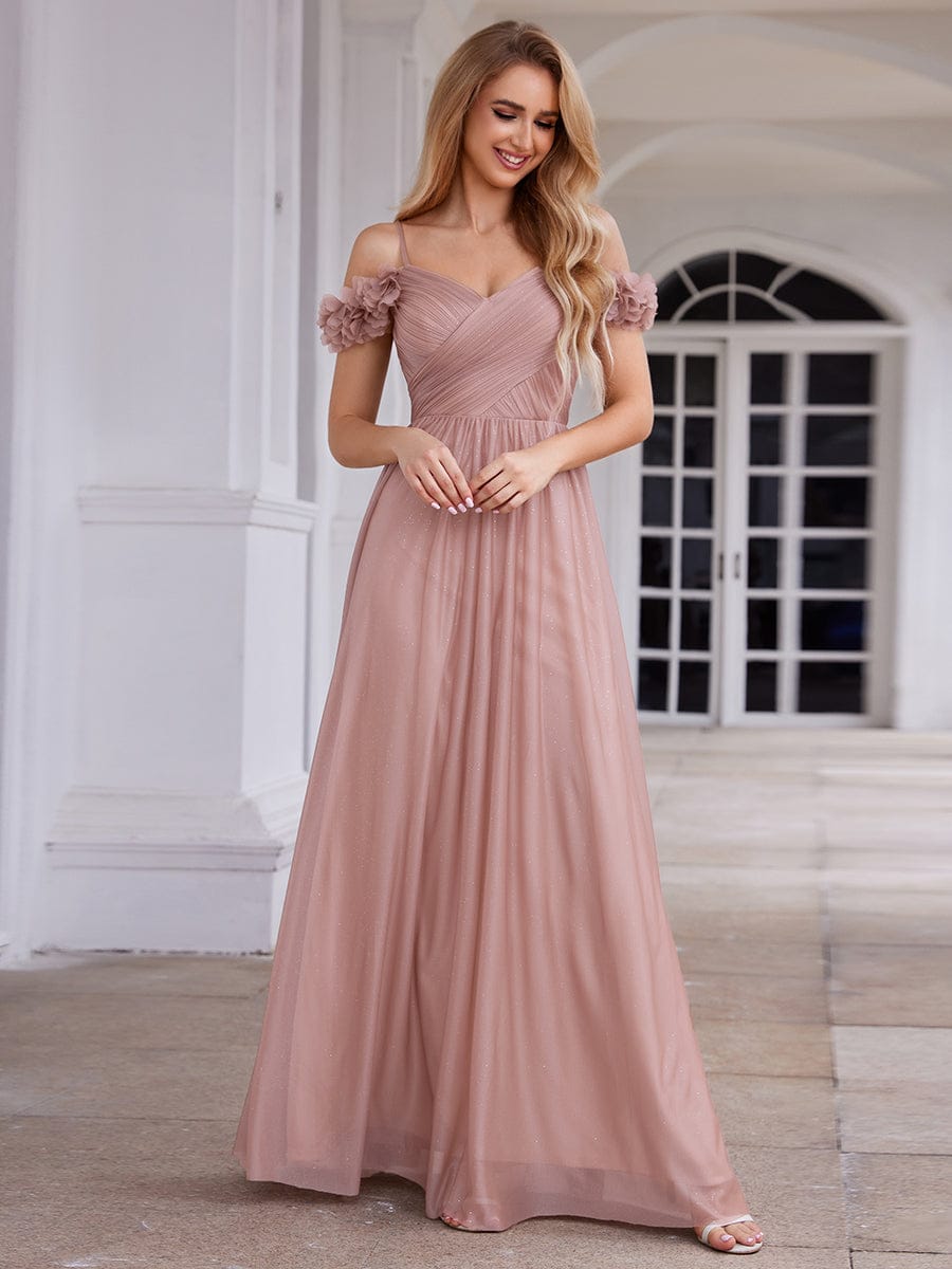 Robe D'invité De Mariage En Mousseline De Soie Mi-Longue Plissée à Manches à Volants Et Col En V #Couleur_Rose
