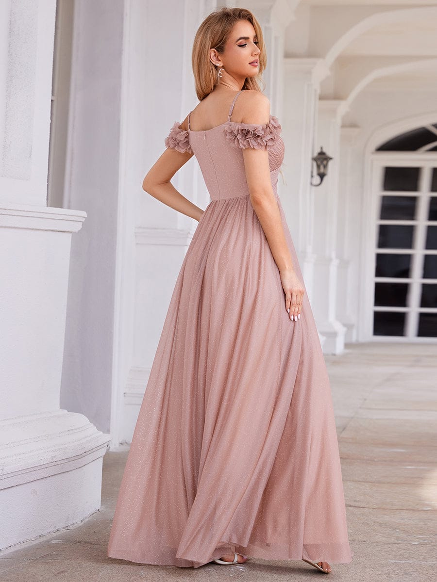 Robe D'invité De Mariage En Mousseline De Soie Mi-Longue Plissée à Manches à Volants Et Col En V #Couleur_Rose
