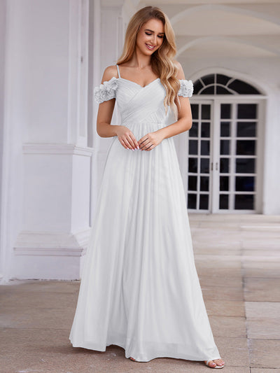 Robe de soirée plissée étincelante à col en V et épaules dénudées avec détails floraux